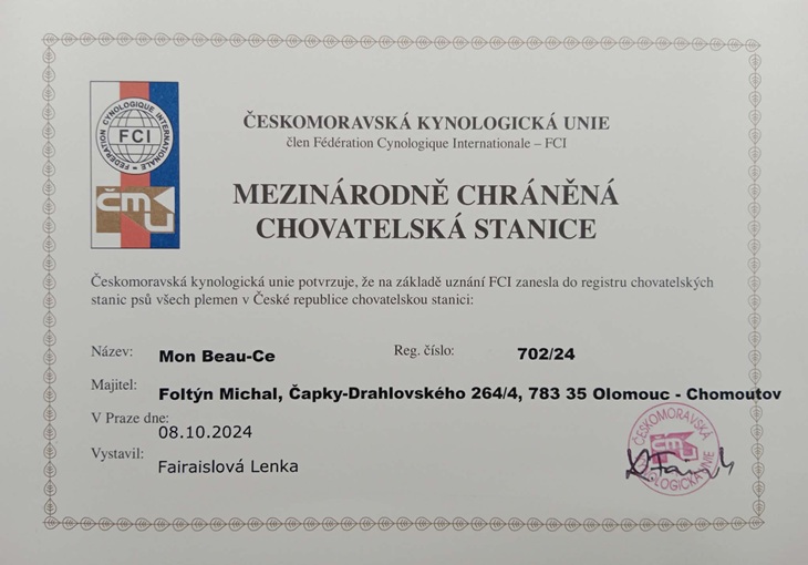 Mon Beau-Ce je certifikovaná Mezinárodně chráněná chovatelská stanice